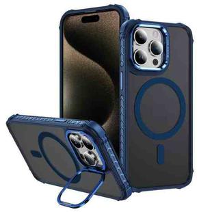 For iPhone 15 Pro Max Rainbow Series Skin Feel MagSafe Lens Holder Phone Case(Blue)