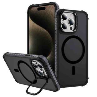 For iPhone 15 Pro Rainbow Series Skin Feel MagSafe Lens Holder Phone Case(Black)