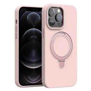 For iPhone 12 Pro Liquid Silicone MagSafe Metal Ring Holder Phone Case(Sand Pink)