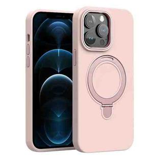 For iPhone 12 Pro Max Liquid Silicone MagSafe Metal Ring Holder Phone Case(Sand Pink)