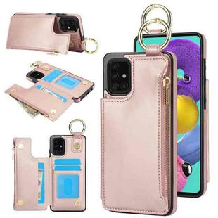 For Samsung Galaxy A71 4G RFlD Anti-theft Double Buckle Ring Zipper Card Phone Case(Rose Gold)