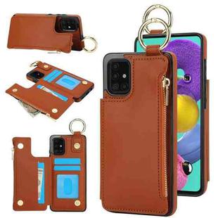 For Samsung Galaxy A71 4G RFlD Anti-theft Double Buckle Ring Zipper Card Phone Case(Brown)