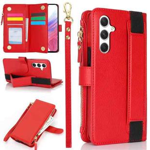 For Samsung Galaxy A14 Wristband Holder Zipper Purse RFID Leather Phone Case(Red)