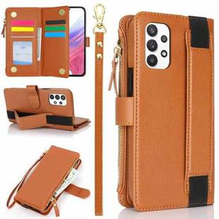 For Samsung Galaxy A73 Wristband Holder Zipper Purse RFID Leather Phone Case(Brown)