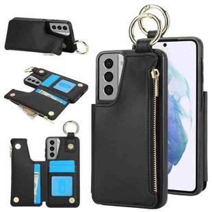 For Samsung Galaxy S21 5G RFlD Anti-theft Double Buckle Ring Zipper Card Phone Case(Black)