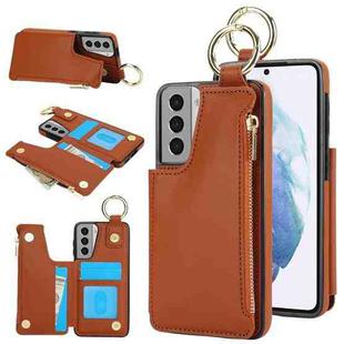 For Samsung Galaxy S21 5G RFlD Anti-theft Double Buckle Ring Zipper Card Phone Case(Brown)