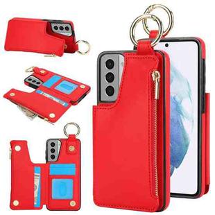 For Samsung Galaxy S21+ 5G RFlD Anti-theft Double Buckle Ring Zipper Card Phone Case(Red)