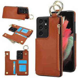 For Samsung Galaxy S21 Ultra 5G RFlD Anti-theft Double Buckle Ring Zipper Card Phone Case(Brown)