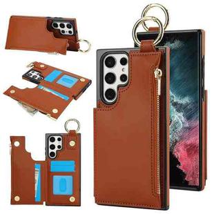 For Samsung Galaxy S22 Ultra 5G RFlD Anti-theft Double Buckle Ring Zipper Card Phone Case(Brown)