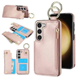 For Samsung Galaxy S23 5G RFlD Anti-theft Double Buckle Ring Zipper Card Phone Case(Rose Gold)