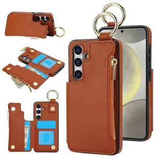 For Samsung Galaxy S24 5G RFlD Anti-theft Double Buckle Ring Zipper Card Phone Case(Brown)