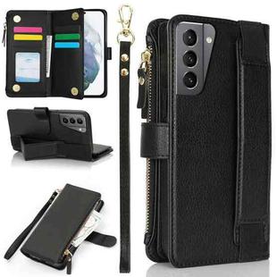 For Samsung Galaxy S21 5G Wristband Holder Zipper Purse RFID Leather Phone Case(Black)