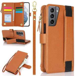 For Samsung Galaxy S21 5G Wristband Holder Zipper Purse RFID Leather Phone Case(Brown)