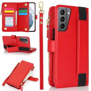 For Samsung Galaxy S21 5G Wristband Holder Zipper Purse RFID Leather Phone Case(Red)