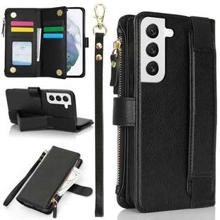 For Samsung Galaxy S21 FE 5G Wristband Holder Zipper Purse RFID Leather Phone Case(Black)