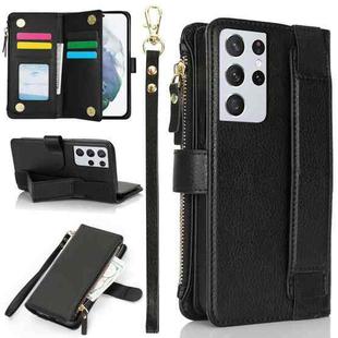 For Samsung Galaxy S21 Ultra 5G Wristband Holder Zipper Purse RFID Leather Phone Case(Black)