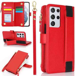 For Samsung Galaxy S21 Ultra 5G Wristband Holder Zipper Purse RFID Leather Phone Case(Red)