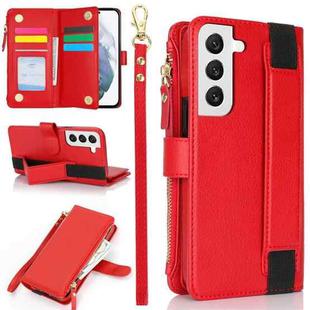 For Samsung Galaxy S22 5G Wristband Holder Zipper Purse RFID Leather Phone Case(Red)