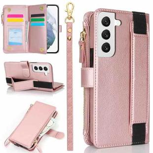 For Samsung Galaxy S22 5G Wristband Holder Zipper Purse RFID Leather Phone Case(Rose Gold)