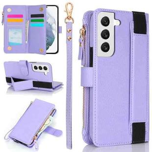 For Samsung Galaxy S22 5G Wristband Holder Zipper Purse RFID Leather Phone Case(Purple)