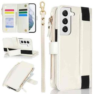 For Samsung Galaxy S22 5G Wristband Holder Zipper Purse RFID Leather Phone Case(White)