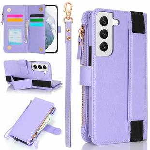 For Samsung Galaxy S22+ 5G Wristband Holder Zipper Purse RFID Leather Phone Case(Purple)