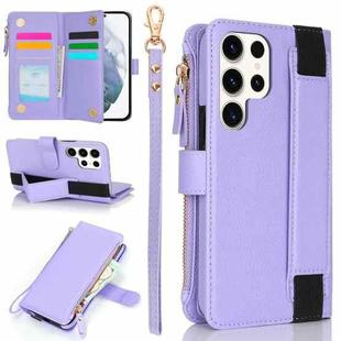 For Samsung Galaxy S22 Ultra 5G Wristband Holder Zipper Purse RFID Leather Phone Case(Purple)