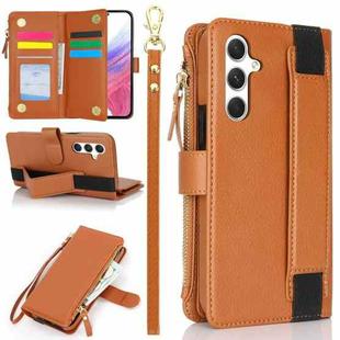 For Samsung Galaxy S23 FE 5G Wristband Holder Zipper Purse RFID Leather Phone Case(Brown)