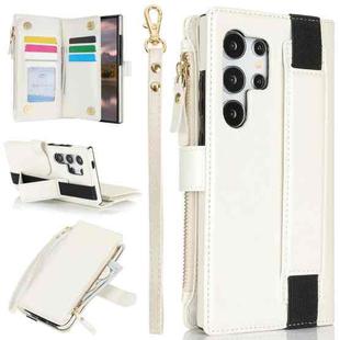 For Samsung Galaxy S24 Ultra 5G Wristband Holder Zipper Purse RFID Leather Phone Case(White)