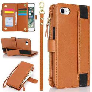 For iPhone SE 2022 / SE 2020 Wristband Holder Zipper Purse RFID Leather Phone Case(Brown)