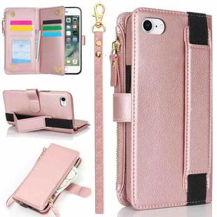 For iPhone SE 2022 / SE 2020 Wristband Holder Zipper Purse RFID Leather Phone Case(Rose Gold)