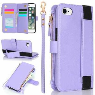 For iPhone SE 2022 / SE 2020 Wristband Holder Zipper Purse RFID Leather Phone Case(Purple)