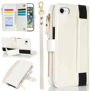 For iPhone SE 2022 / SE 2020 Wristband Holder Zipper Purse RFID Leather Phone Case(White)