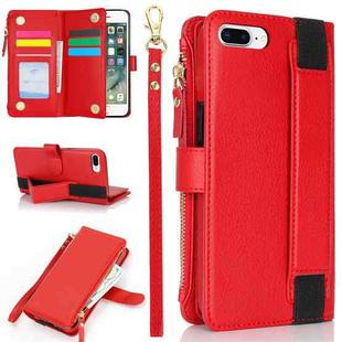 For iPhone 8 Plus / 7 Plus Wristband Holder Zipper Purse RFID Leather Phone Case(Red)