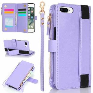 For iPhone 8 Plus / 7 Plus Wristband Holder Zipper Purse RFID Leather Phone Case(Purple)