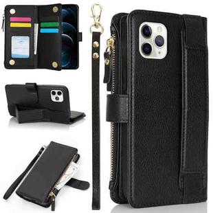 For iPhone 11 Pro Wristband Holder Zipper Purse RFID Leather Phone Case(Black)