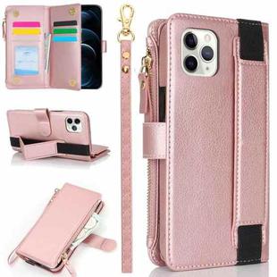 For iPhone 11 Pro Wristband Holder Zipper Purse RFID Leather Phone Case(Rose Gold)