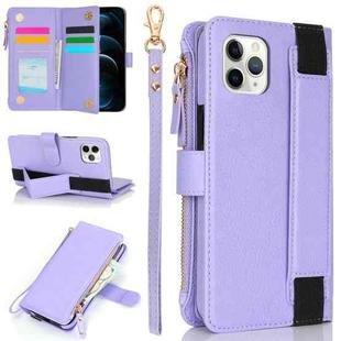 For iPhone 11 Pro Wristband Holder Zipper Purse RFID Leather Phone Case(Purple)