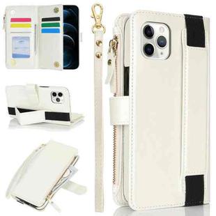 For iPhone 11 Pro Wristband Holder Zipper Purse RFID Leather Phone Case(White)