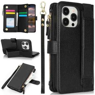 For iPhone 12 / 12 Pro Wristband Holder Zipper Purse RFID Leather Phone Case(Black)