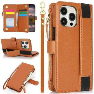 For iPhone 12 / 12 Pro Wristband Holder Zipper Purse RFID Leather Phone Case(Brown)