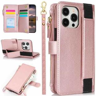 For iPhone 12 / 12 Pro Wristband Holder Zipper Purse RFID Leather Phone Case(Rose Gold)