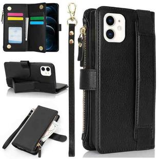 For iPhone 12 mini Wristband Holder Zipper Purse RFID Leather Phone Case(Black)