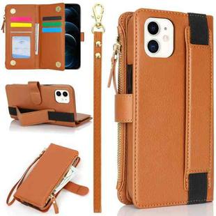 For iPhone 12 mini Wristband Holder Zipper Purse RFID Leather Phone Case(Brown)