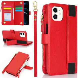 For iPhone 12 mini Wristband Holder Zipper Purse RFID Leather Phone Case(Red)