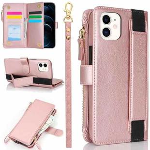 For iPhone 12 mini Wristband Holder Zipper Purse RFID Leather Phone Case(Rose Gold)