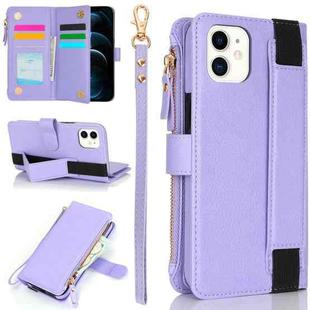 For iPhone 12 mini Wristband Holder Zipper Purse RFID Leather Phone Case(Purple)