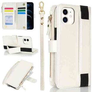 For iPhone 12 mini Wristband Holder Zipper Purse RFID Leather Phone Case(White)