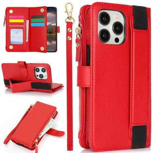 For iPhone 12 Pro Max Wristband Holder Zipper Purse RFID Leather Phone Case(Red)