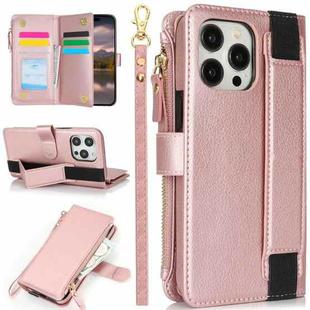 For iPhone 12 Pro Max Wristband Holder Zipper Purse RFID Leather Phone Case(Rose Gold)